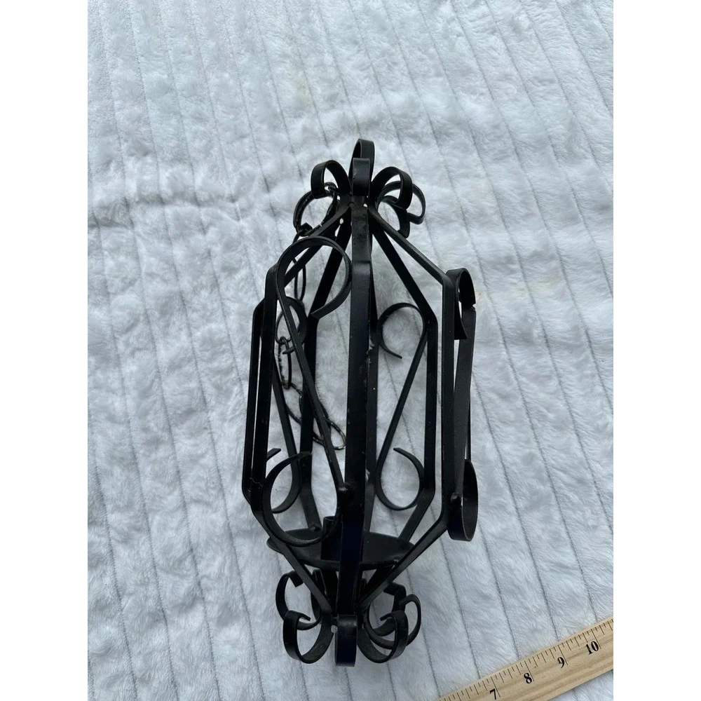 Vintage Black Wrought Iron Hanging Scroll Candle Lantern Gothic Decor 10 inch